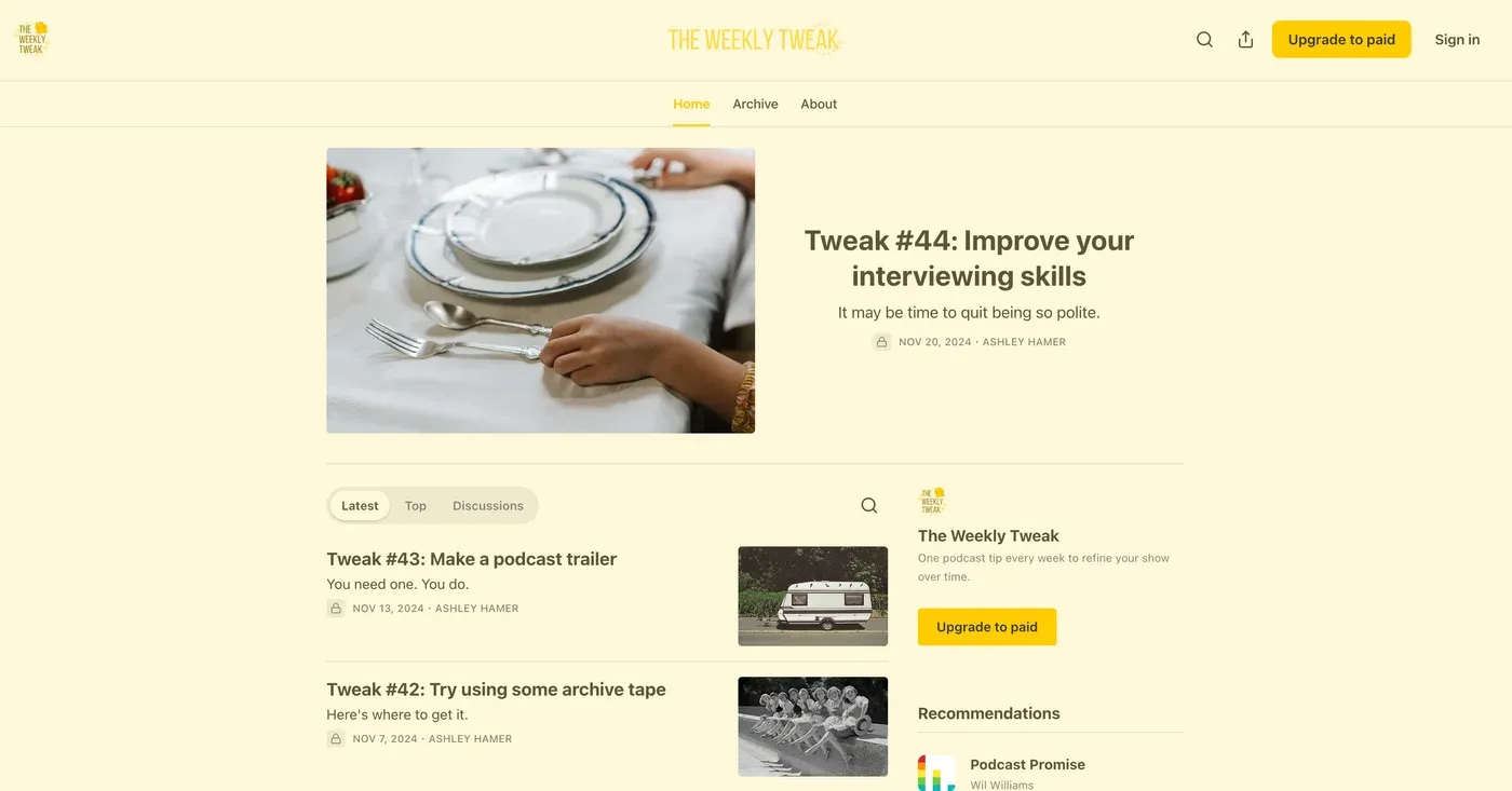 The Weekly Tweak homepage on Substack, listing numbered tweak posts like Improve your interviewing skills and Make a podcast trailer