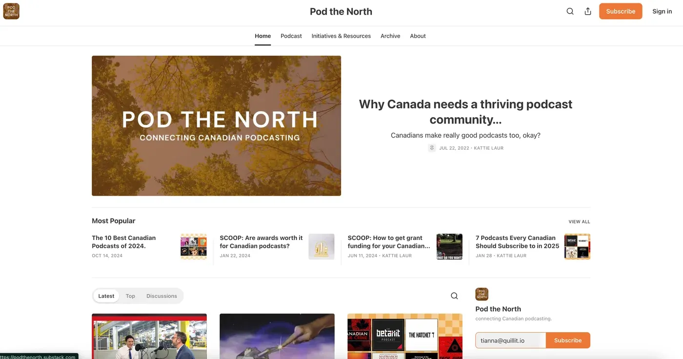Pod the North Substack homepage with banner reading "POD THE NORTH: Connecting Canadian Podcasting" over autumn trees