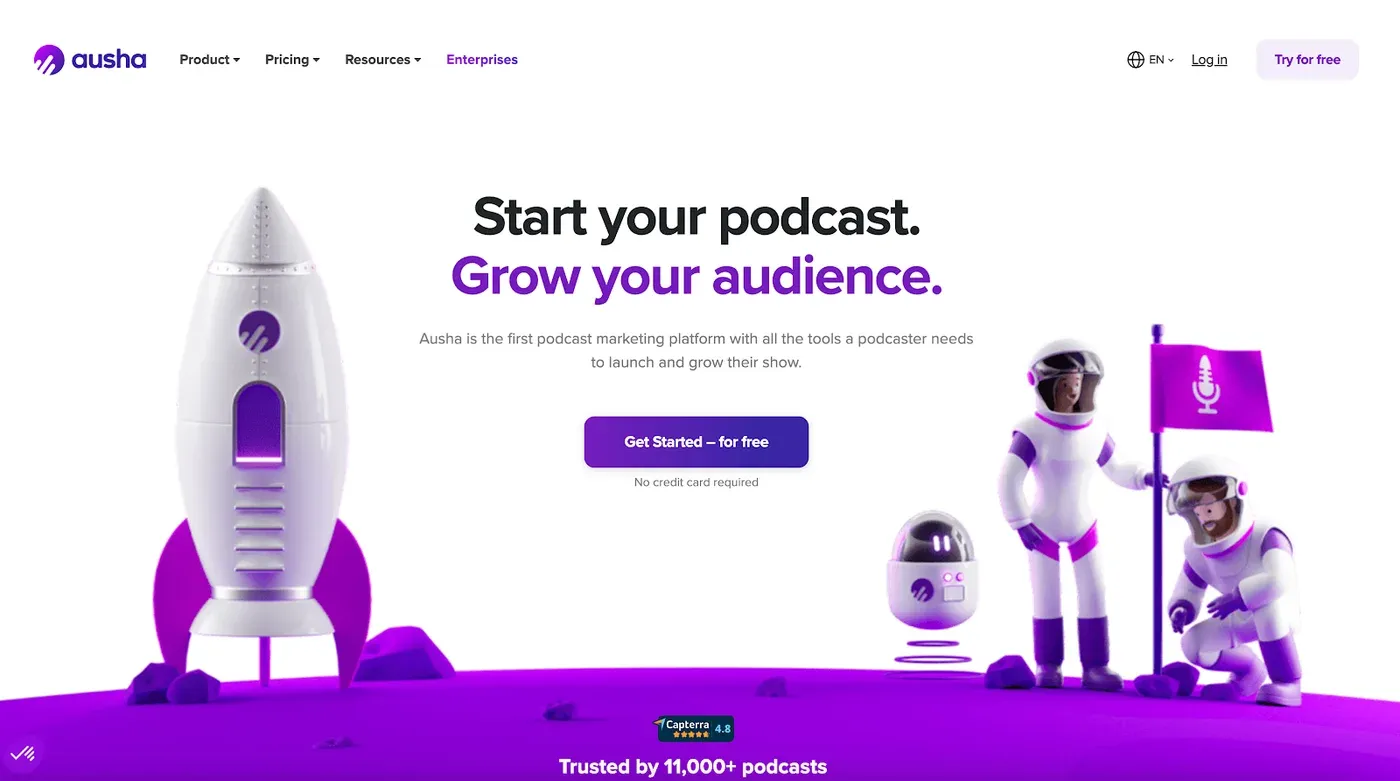 Ausha homepage with the headline 'Start your podcast. Grow your audience.' and a 3D illustration of astronauts planting a microphone flag on a purple planet