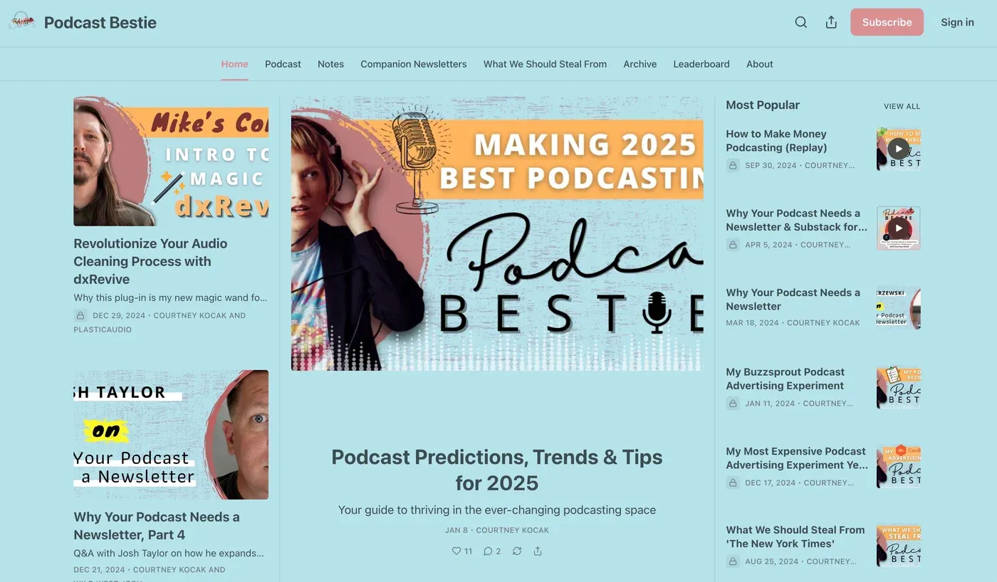 The Podcast Bestie homepage, featuring Podcast Predictions, Trends and Tips for 2025 and a Most Popular sidebar