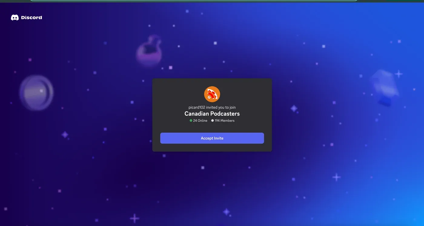 Discord invite card to join the "Canadian Podcasters" server with an Accept Invite button on a starry purple background.