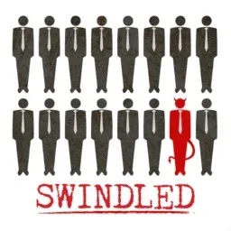 "SWINDLED" podcast cover with rows of gray suited figures and one red devil-tailed figure standing out