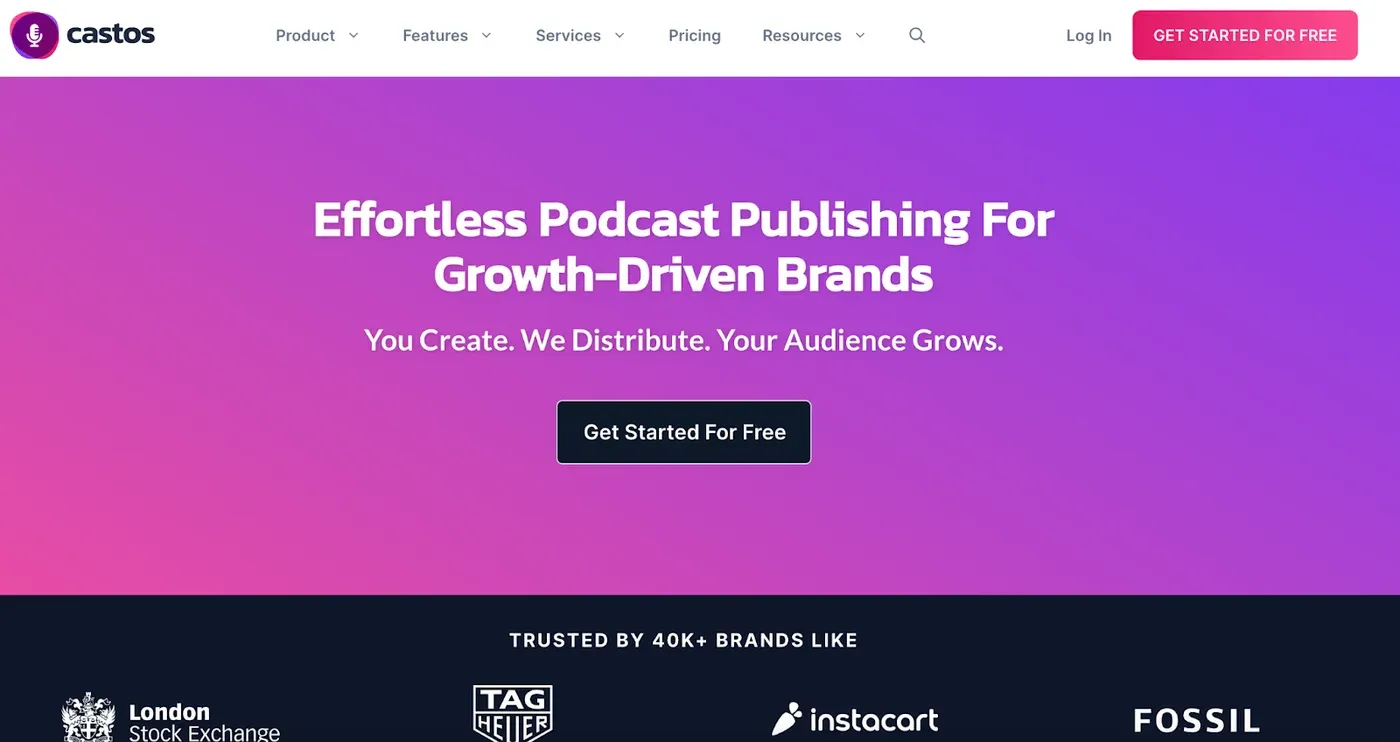Castos homepage with the headline "Effortless Podcast Publishing For Growth-Driven Brands" on a pink-purple gradient.