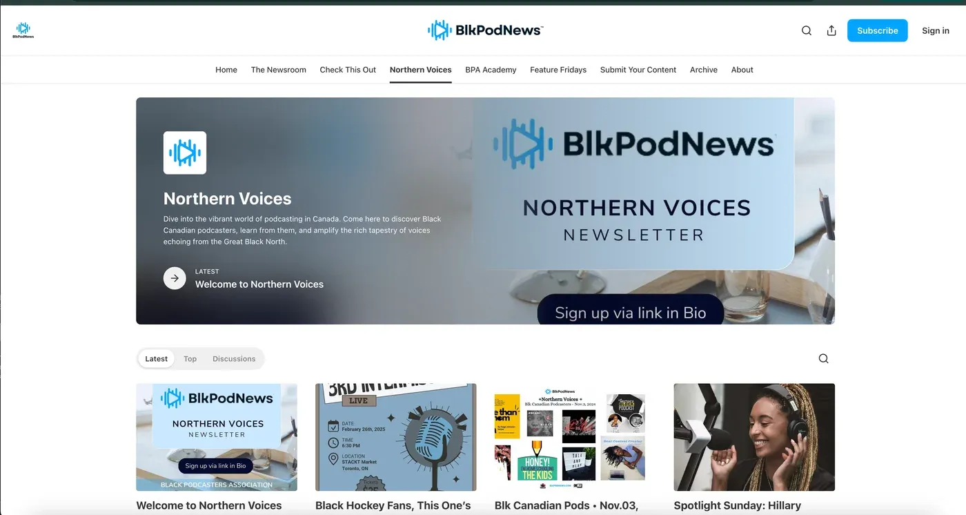 BlkPodNews "Northern Voices" newsletter page with a nav bar and a banner promoting Black Canadian podcasting