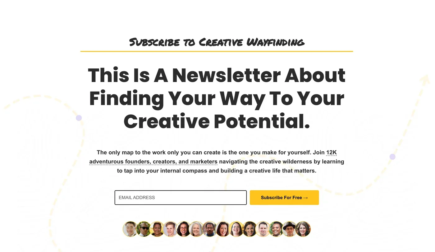 The Creative Wayfinding subscribe page: This Is A Newsletter About Finding Your Way To Your Creative Potential, with an email signup