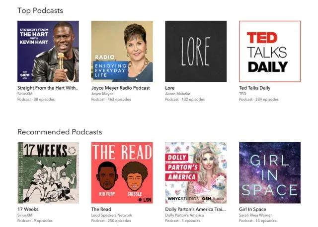 "Top Podcasts" and "Recommended Podcasts" rows with tiles for Straight From the Hart, Lore, Ted Talks Daily, and The Read