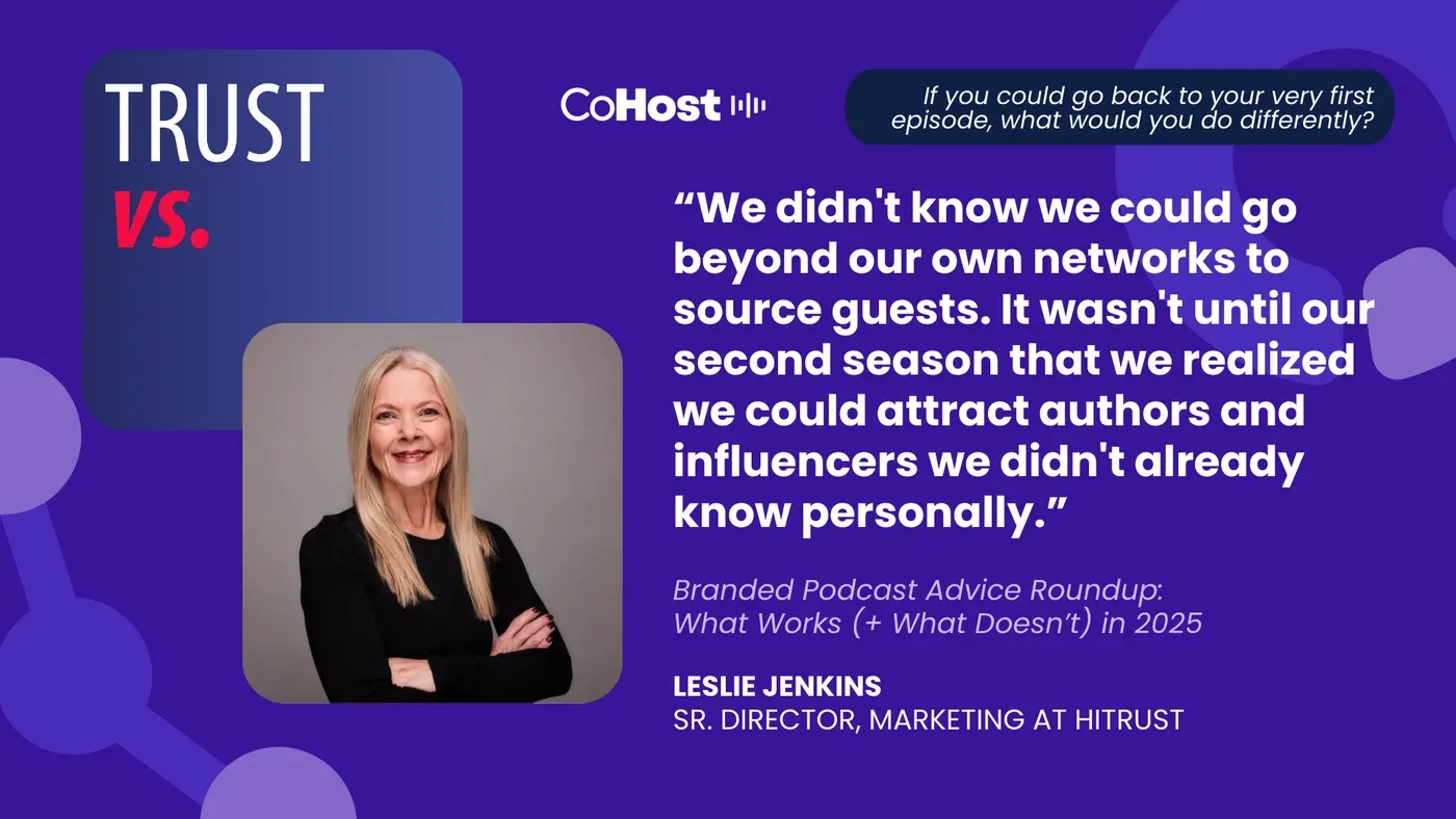 Leslie Jenkins, Sr. Director, Marketing at HITRUST, quoted beside the "TRUST VS." podcast card on CoHost purple