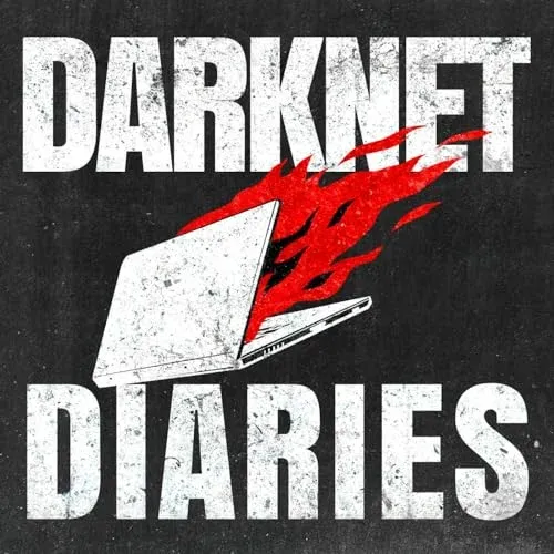 "DARKNET DIARIES" podcast cover with a laptop trailing red flames on a distressed black background.