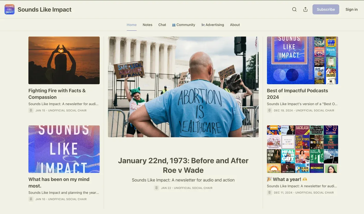 The Sounds Like Impact homepage on Substack, showing posts that pair podcast playlists with social causes