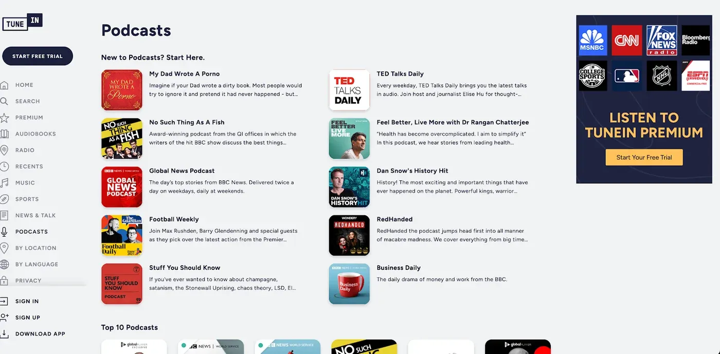 TuneIn Podcasts page with a "New to Podcasts? Start Here." grid and a "Listen to TuneIn Premium" sidebar ad