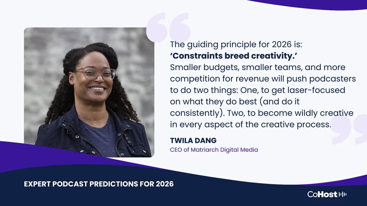 Twila Dang, CEO of Matriarch Digital Media, beside her quote on the 2026 guiding principle 'Constraints breed creativity.'