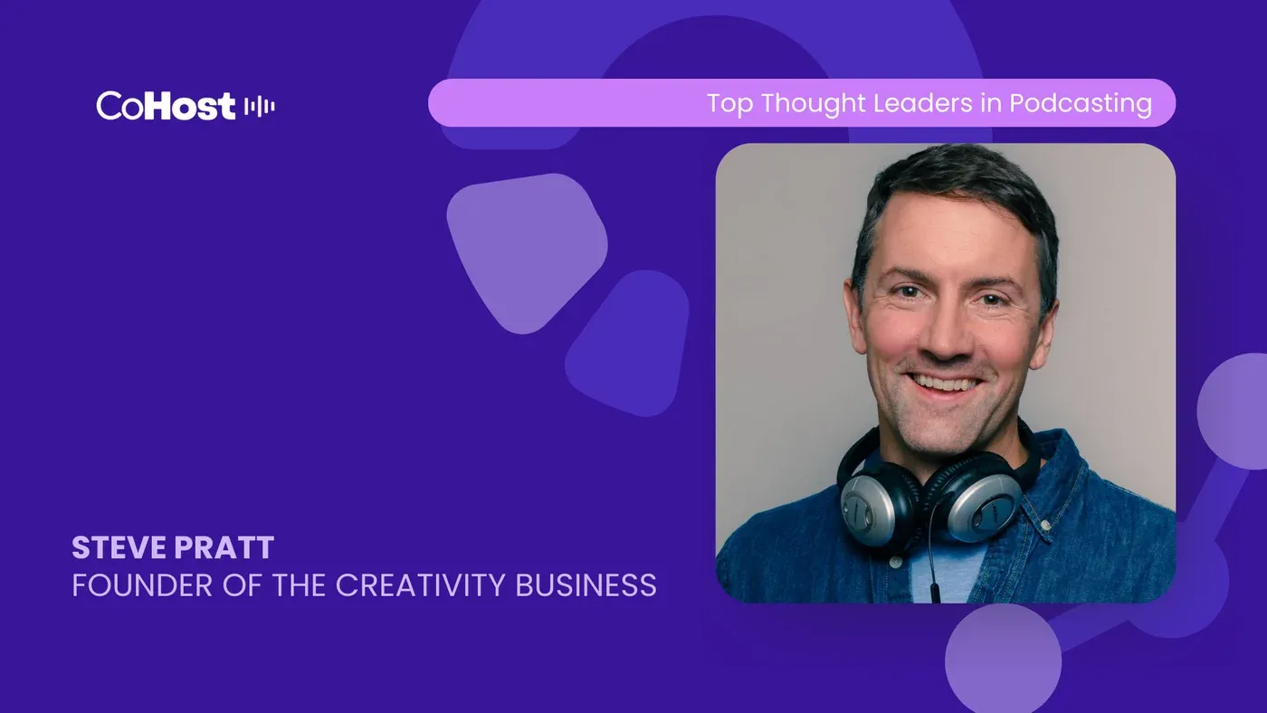 "Steve Pratt, Founder of The Creativity Business" card with his smiling headshot, headphones around neck, on CoHost purple