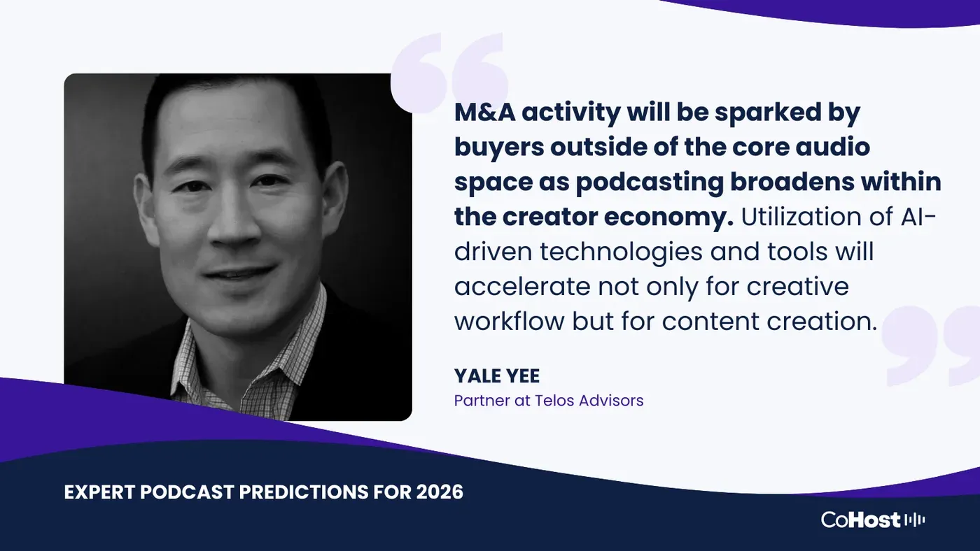 Yale Yee, Partner at Telos Advisors, quote card: "M&A activity will be sparked by buyers outside of the core audio space"