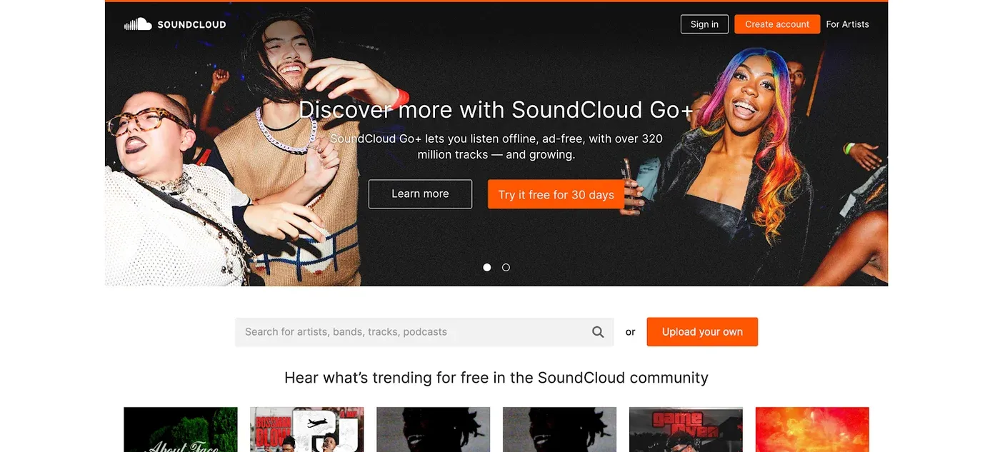 SoundCloud homepage headlined "Discover more with SoundCloud Go+" over dancing people, with a search bar and Upload your own button.