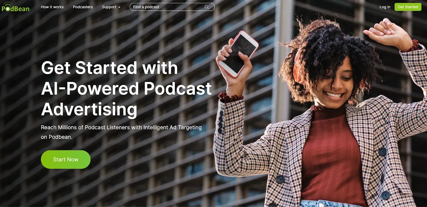 Podbean homepage headlined "Get Started with AI-Powered Podcast Advertising" beside a smiling woman holding a phone.