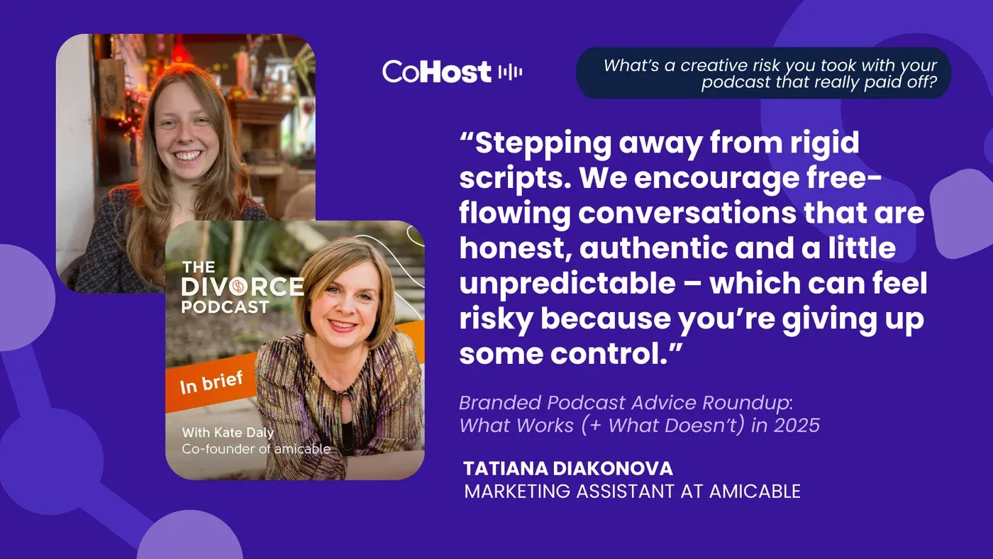 CoHost quote card from Tatiana Diakonova of amicable: “Stepping away from rigid scripts. We encourage free-flowing conversations.”