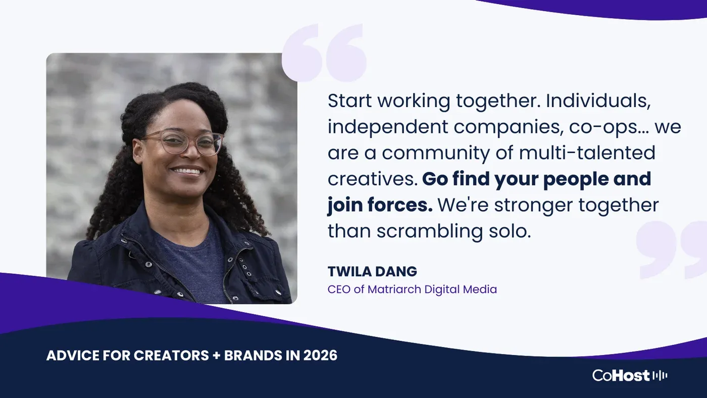 Twila Dang, CEO of Matriarch Digital Media, beside her quote "Go find your people and join forces."