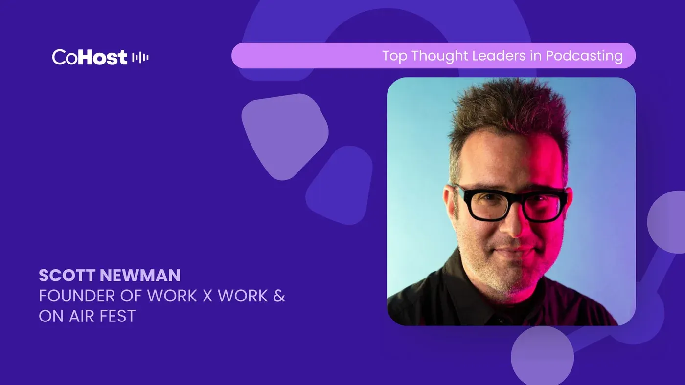 CoHost card titled "Scott Newman, Founder of Work x Work & On Air Fest" with his headshot in glasses