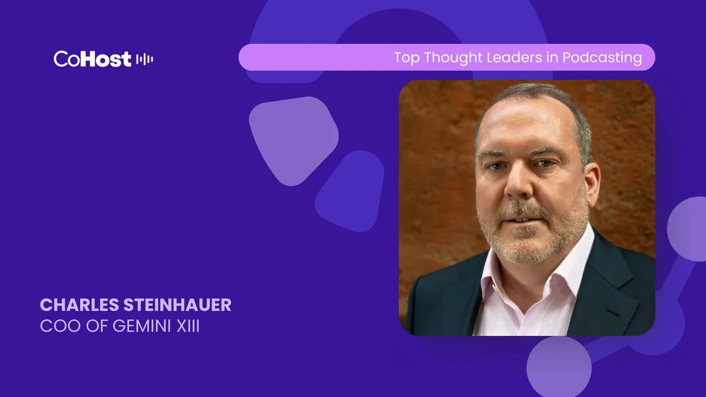 CoHost card titled "CHARLES STEINHAUER, COO OF GEMINI XIII" with his headshot against a rust wall.