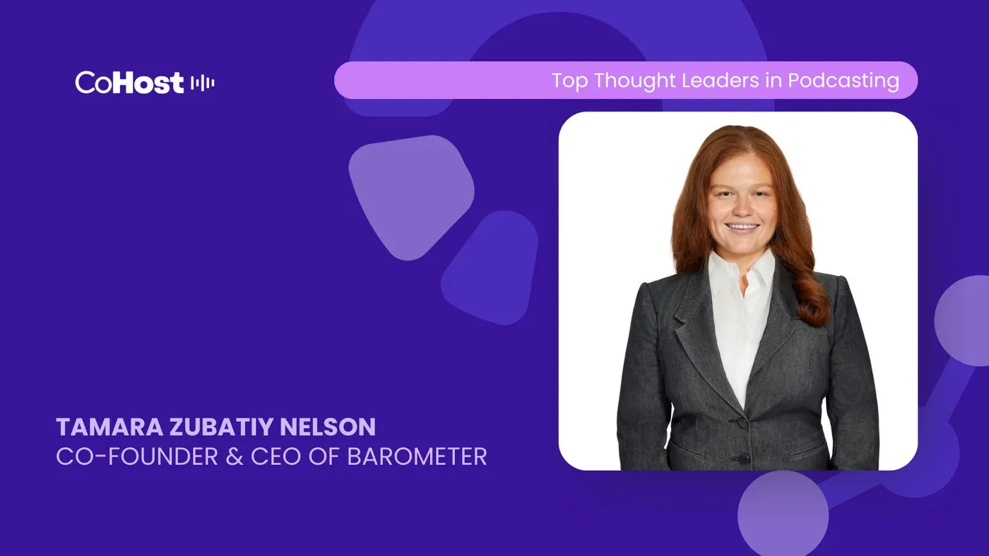 CoHost card titled "Tamara Zubatiy Nelson, Co-Founder & CEO of Barometer" with her headshot in a gray blazer.