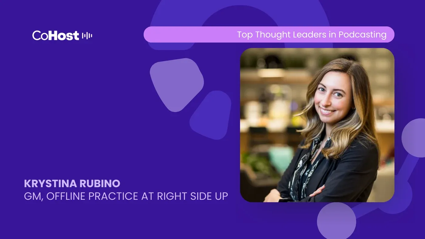 CoHost card titled "Krystina Rubino, GM, Offline Practice at Right Side Up" with her smiling headshot on purple.