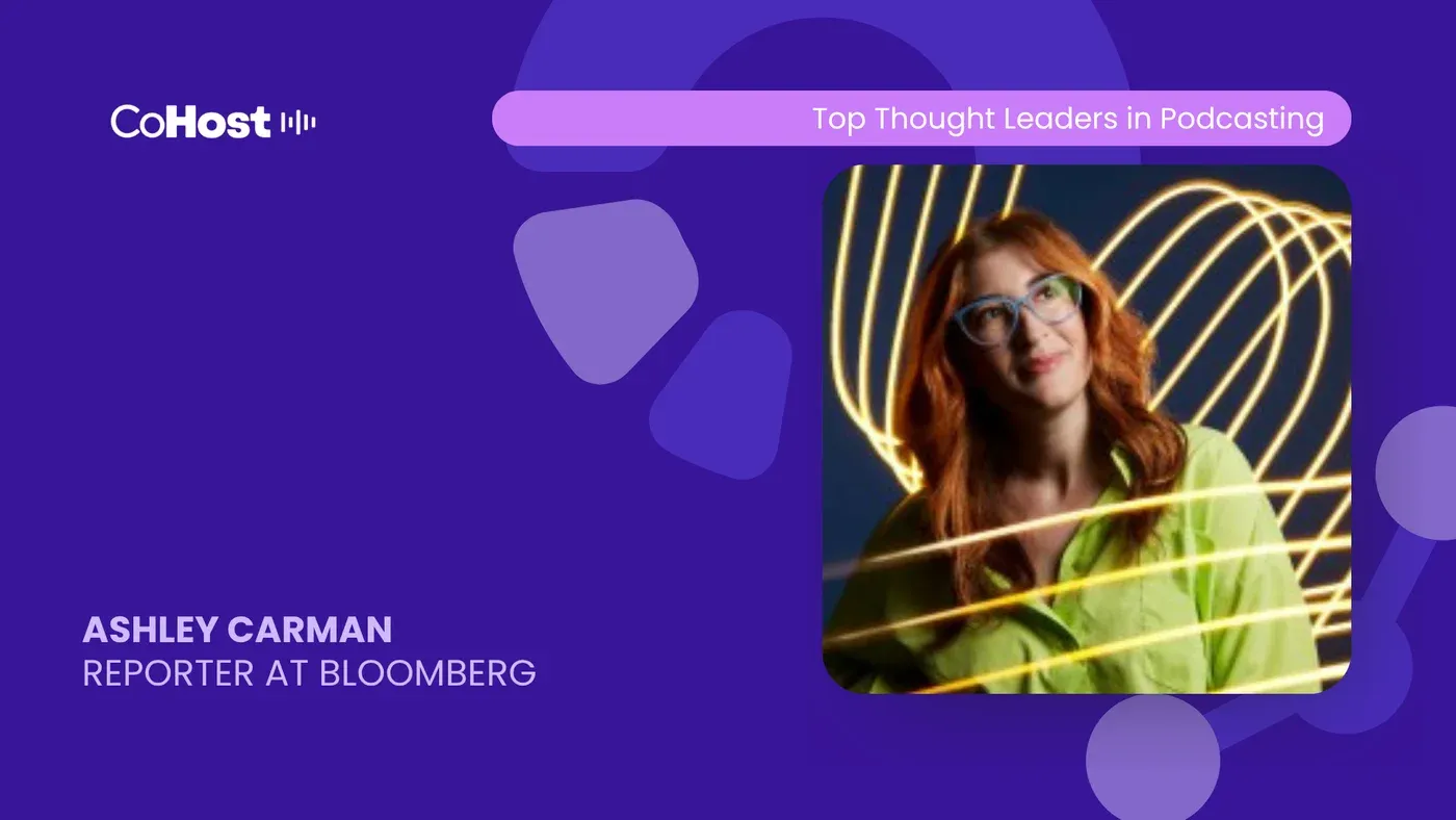 CoHost card titled "Ashley Carman, Reporter at Bloomberg" with a photo of a red-haired woman in glasses amid yellow light streaks.