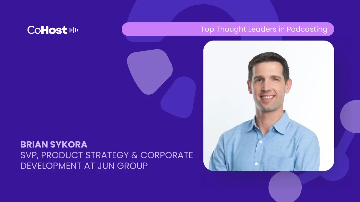 CoHost card titled 'BRIAN SYKORA, SVP, Product Strategy & Corporate Development at Jun Group' with his headshot