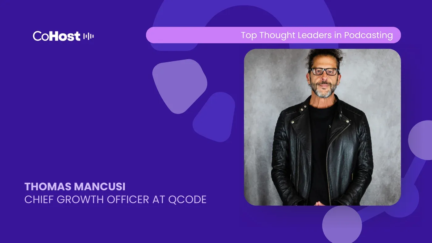 CoHost card titled "THOMAS MANCUSI, CHIEF GROWTH OFFICER AT QCODE" with his photo in a black leather jacket and glasses