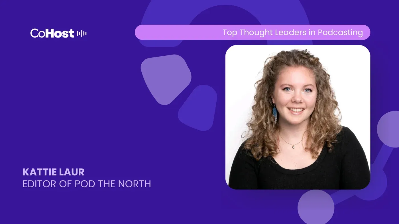 CoHost card titled "Kattie Laur, Editor of Pod The North" with her smiling headshot on a purple background.