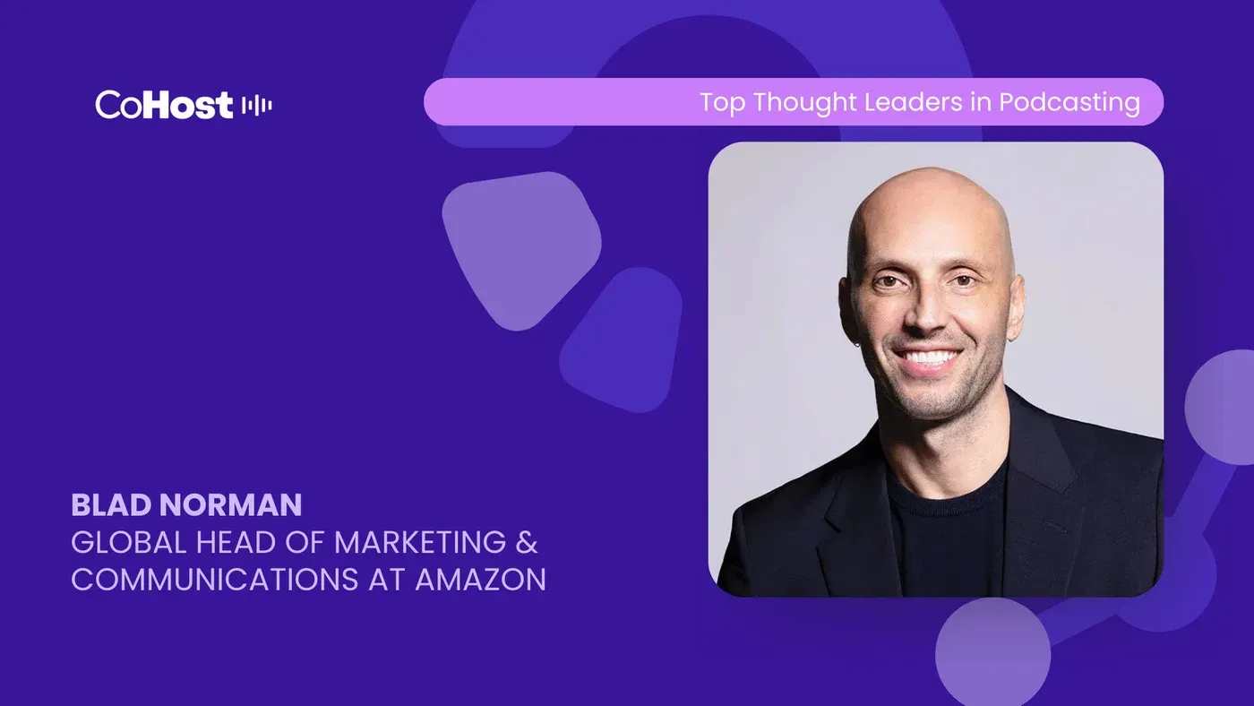 CoHost card titled "Blad Norman, Global Head of Marketing & Communications at Amazon" with his headshot on purple.